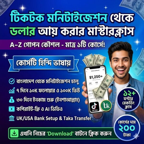 tiktok মনিটাইজেশন থেকে ডলার ইনকামের মাস্টার কোর্স – a to z সিক্রেট গাইড এখন মাত্র ২০০ টাকায়!